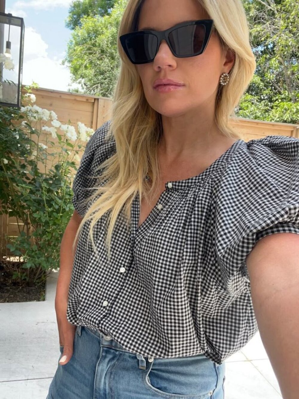 Industry Gingham Top Black Gingham June Puff Sleeve Size Medium NWT